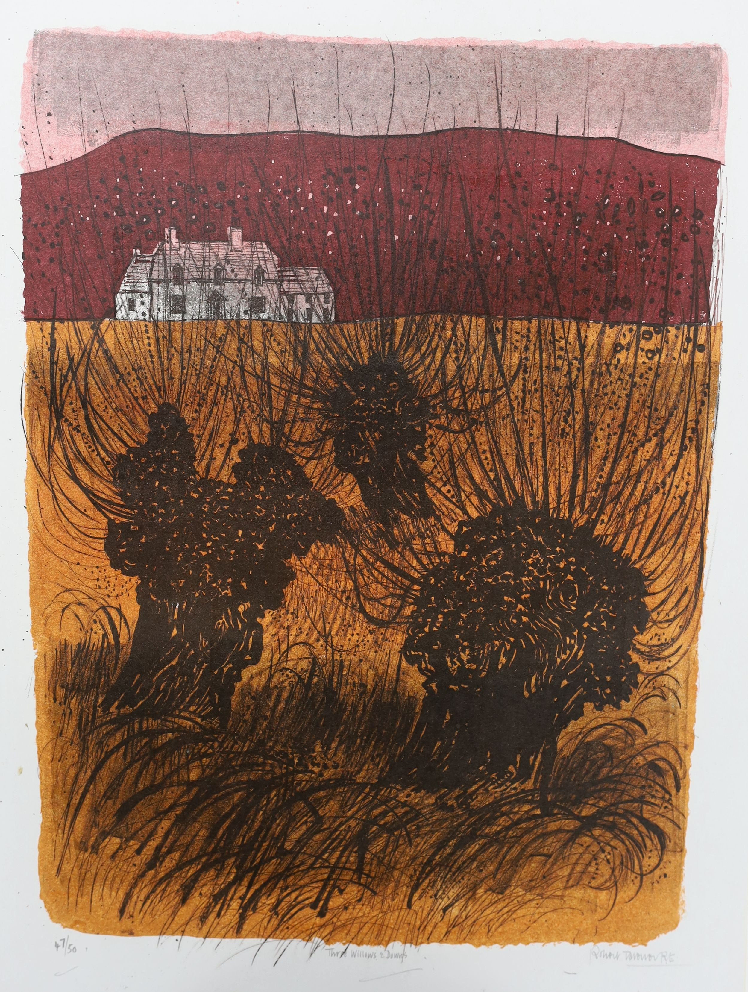 Robert Tavener (1920-2004), lithograph, 'Three Willows and Downs', signed in pencil, 47/50, 50 x 38cm and a watercolour sketch of a barn, 19 x 26cm, both unframed